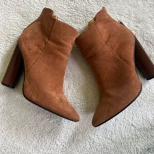 Qupid Rust Brown Suede Ankle Booties with Stacked Block Heel
